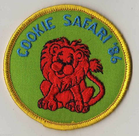 1986, Cookie Safari, Lion, Round Participation Patch, Girl Scout Cookie Sale Patch